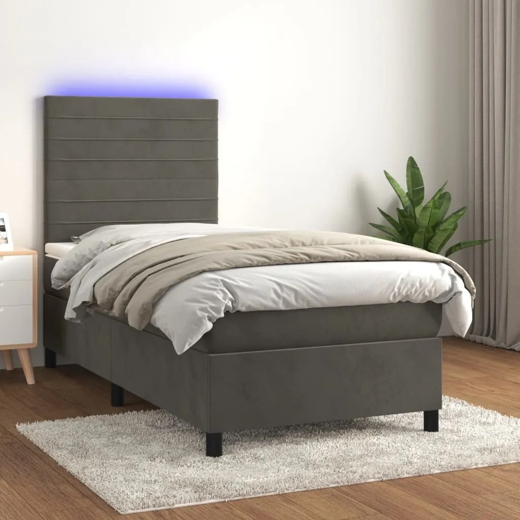 Letto a molle con materasso e led grigio scuro 90x200cm velluto