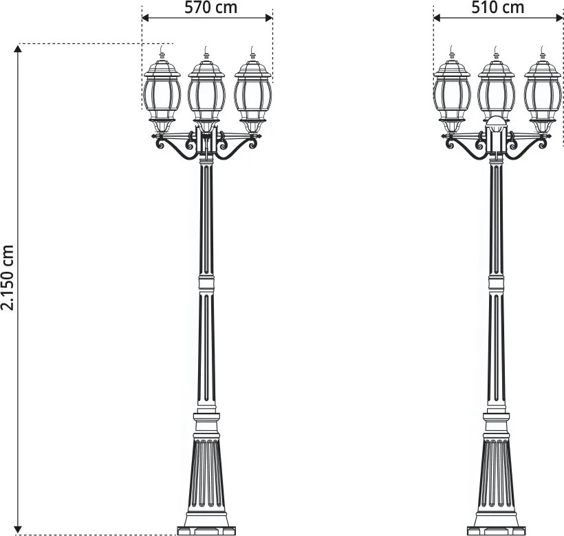 Lampione Storico con 3 Lanterne 215cm E27 IP54 Verde Anticato - Serie BELLINI
