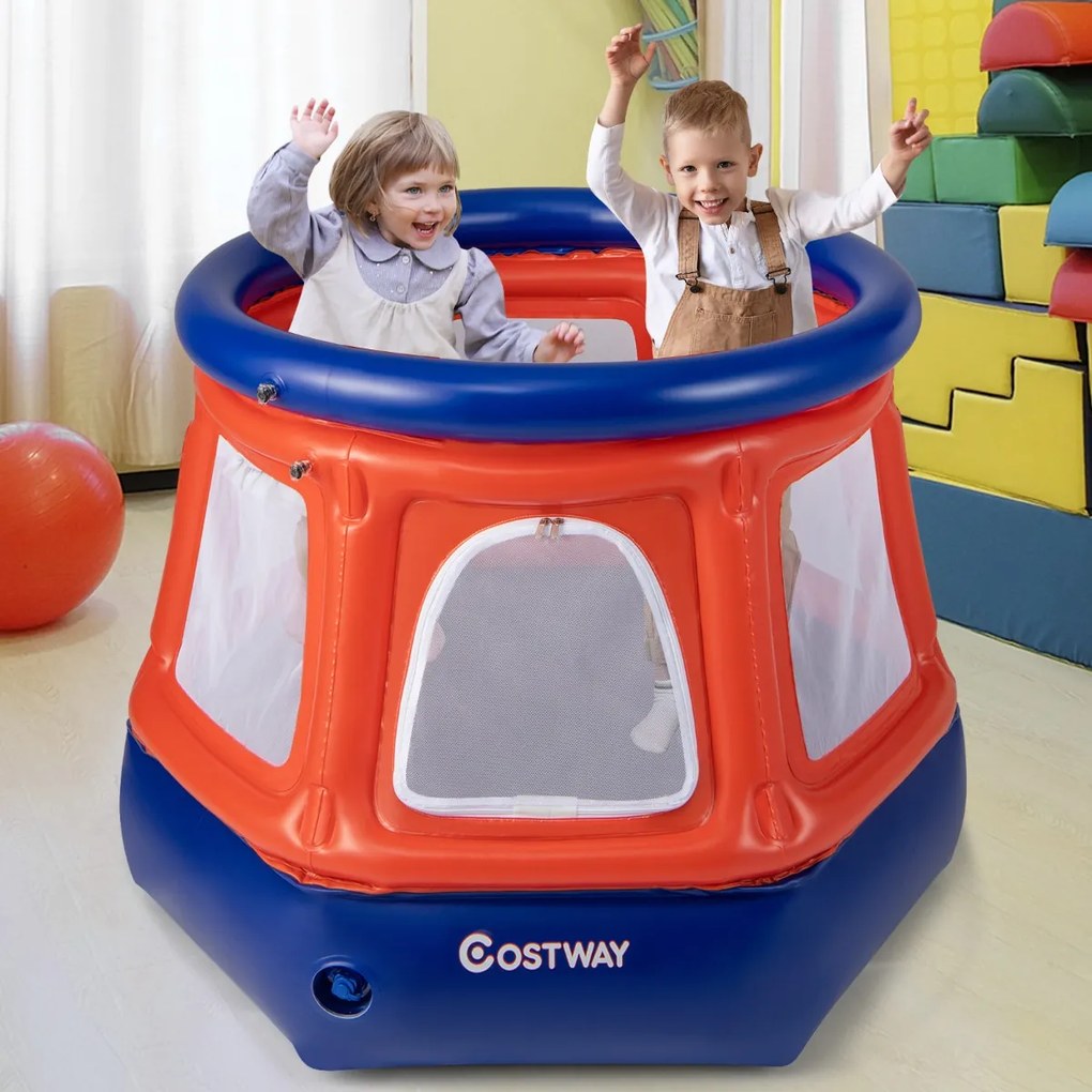 Costway Trampolino gonfiabile per bambini età 3-10 anni con rete di sicurezza, Mini trampolino rotondo con pompa a mano