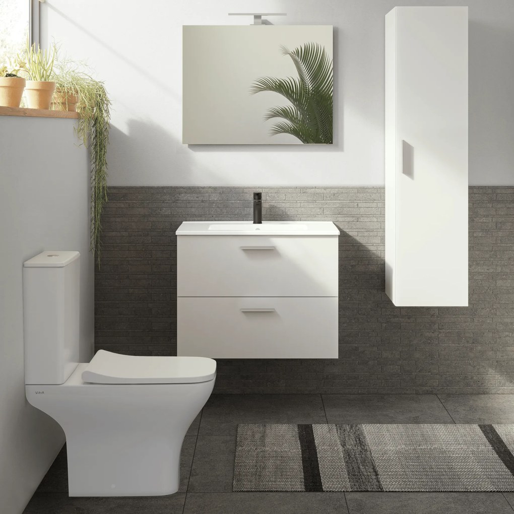 Mobile Bagno Sospeso 80 Cm Due Cassetti Specchio Con Lampada Led 78,5x62 Cm Vitra "Mia" Bianco Lucido