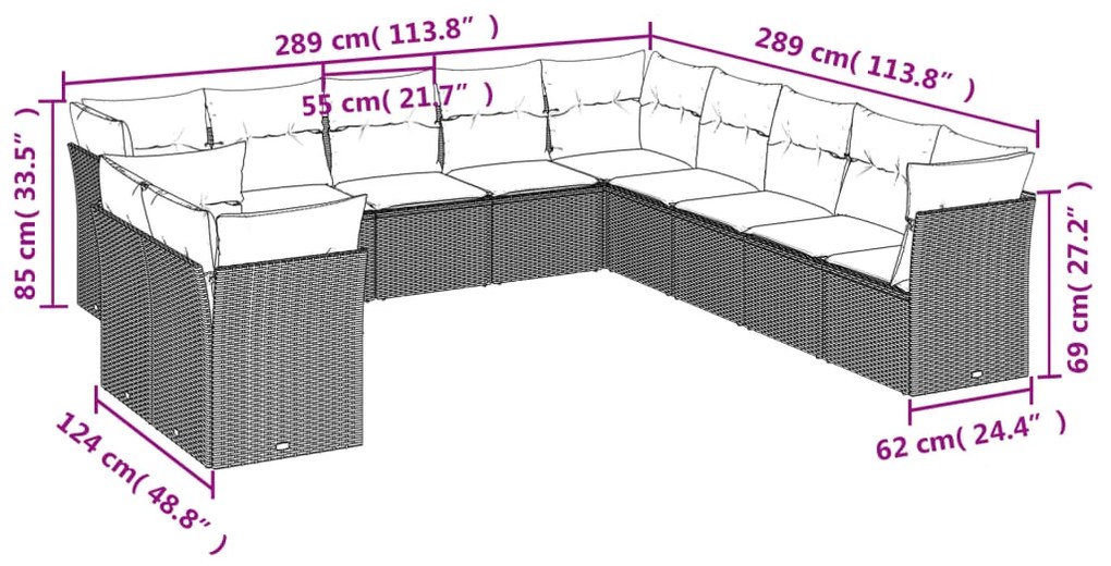 Set Divani da Giardino 11 pz con Cuscini in Polyrattan Grigio