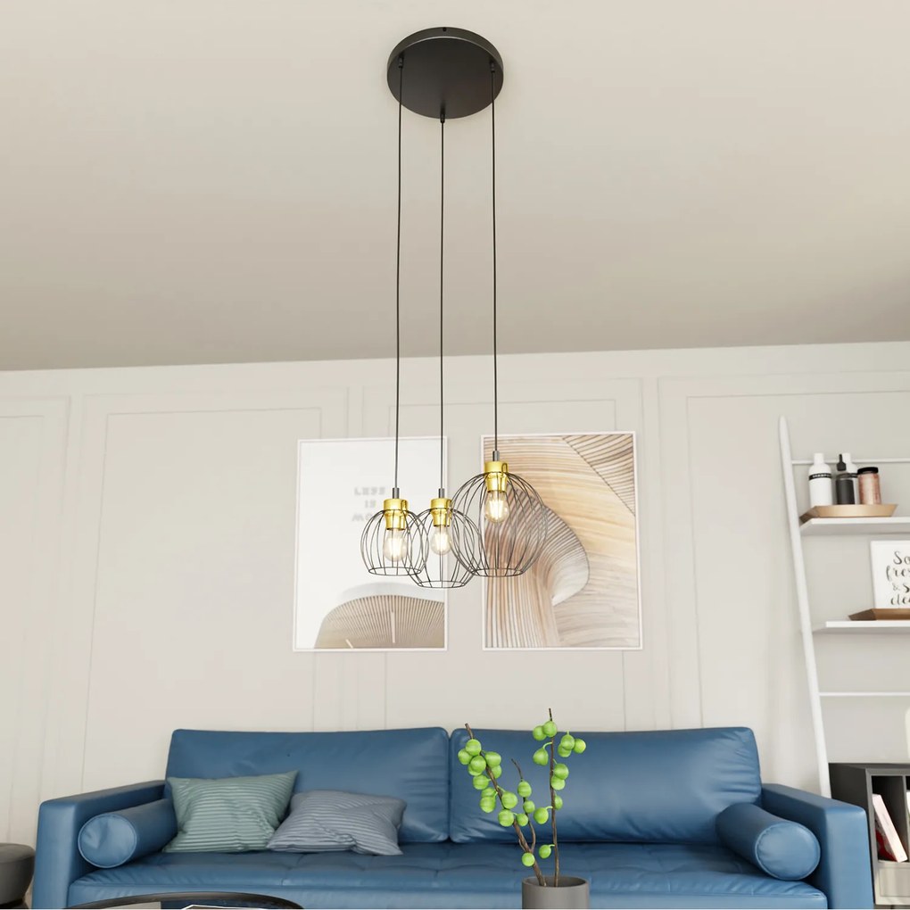 Sospensione Minimal Industrial Hathor 3 Luci Tonda Nera E Oro