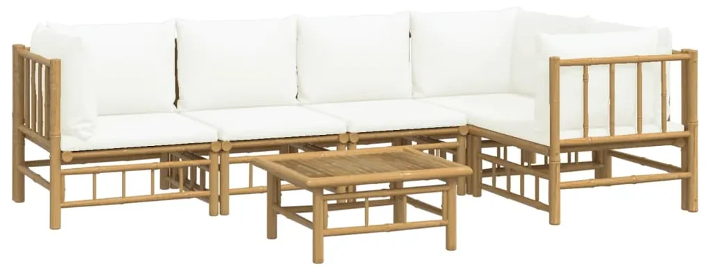Set salotto da giardino 6pz con cuscini bianco crema in bambù