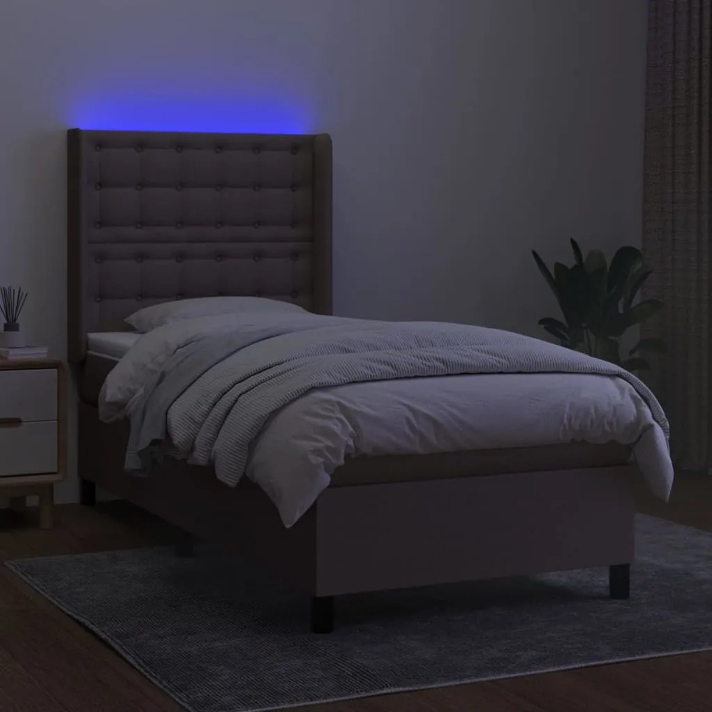 Letto a molle con materasso e led tortora 100x200cm in tessuto