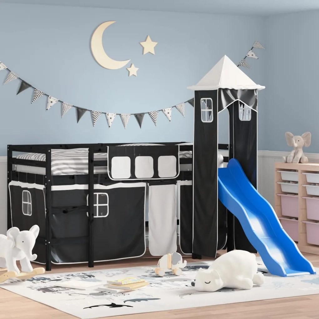 Letto A Soppalco Con Torre Bambini Bianco E Nero 90x190cm Pino /