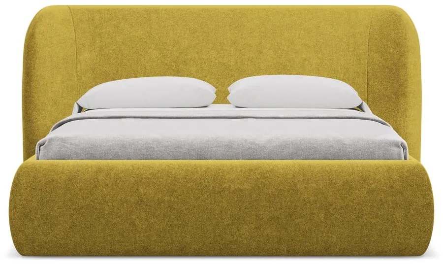 Letto matrimoniale imbottito color senape con contenitore con griglia 140x200 cm Hauke - Makamii