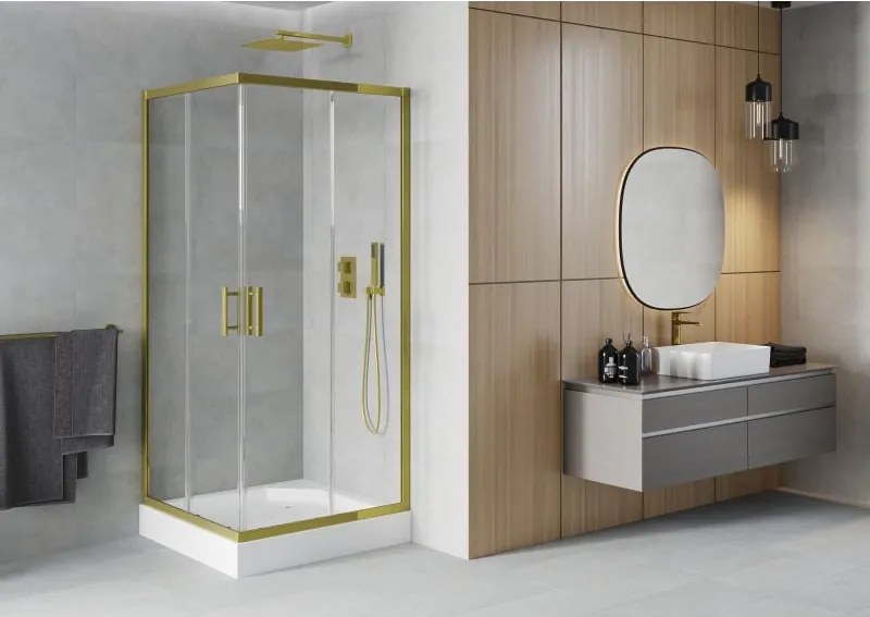 Mexen Rio cabina doccia quadrata 90 x 90 cm, trasparente, oro + piatto Rio, bianco - 860-090-090-50-00-4510