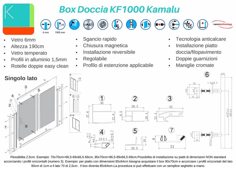 Kamalu - box doccia 100x80 cm profili neri vetro trasparente modello kf1000b