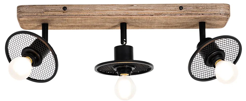 Faretto da soffitto industriale nero con legno 3 luci - Jasmine