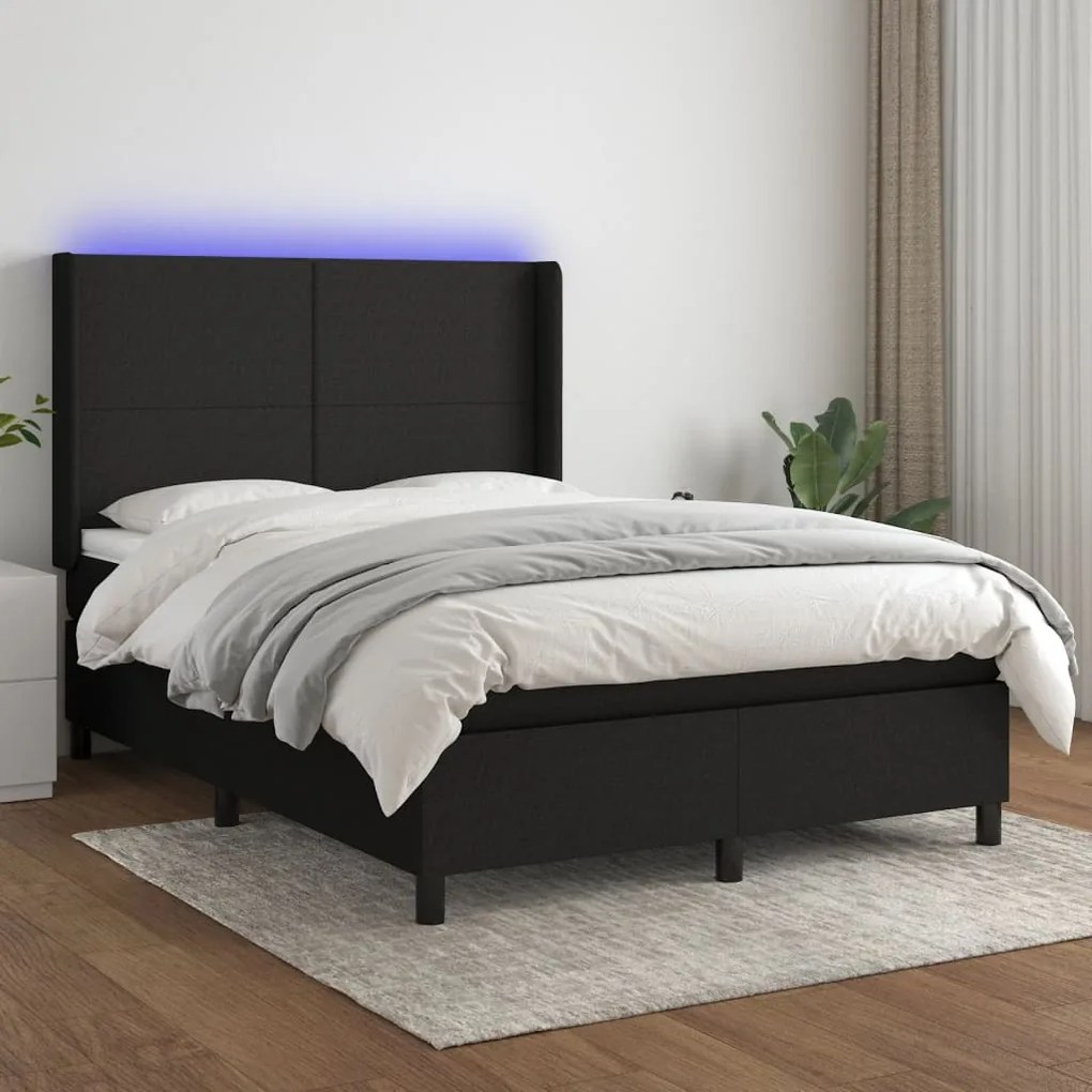 Letto a Molle con Materasso e LED Nero 140x190 cm in Tessuto