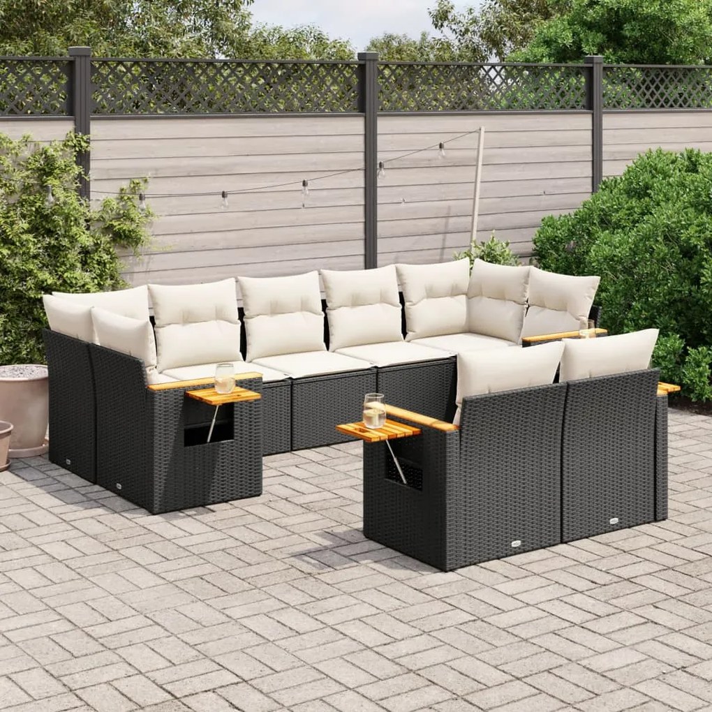 Set Divani da Giardino 9 pz con Cuscini Nero in Polyrattan