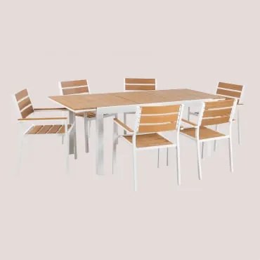 Set Di Tavolo Rettangolare Allungabile In Alluminio (150-197x90 Cm) E 6 Sedie Da Giardino Impilabili Con Braccioli Saura Gardenia Bianco - Sklum