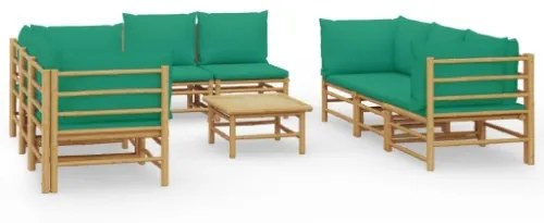 Set Salotto da Giardino 9pz con Cuscini Verdi Bambù