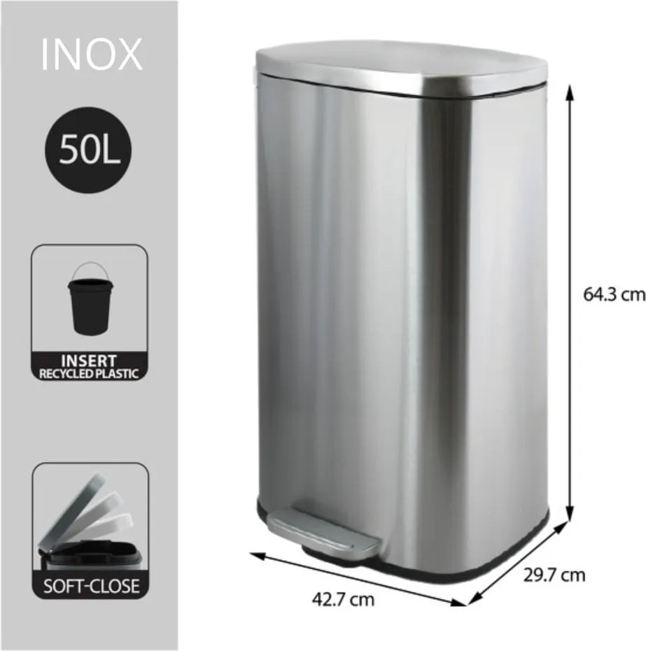 Cestino per la spazzatura color argento opaco in acciaio con pedale 50 l Akira – Spirella