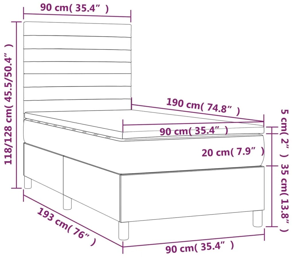 Letto a Molle con Materasso e LED Grigio Scuro 90x190cm Velluto