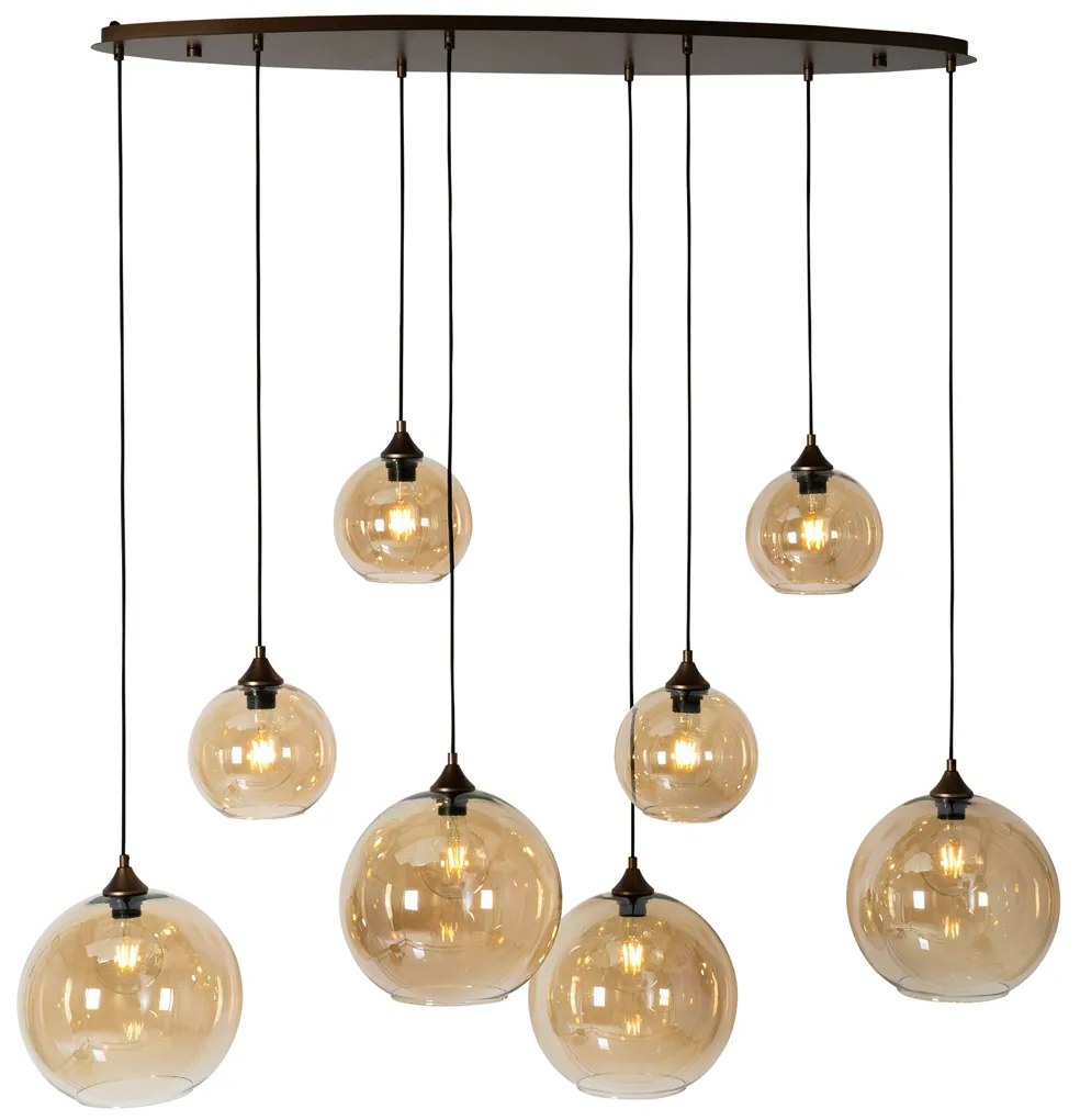 Lampadario Art Déco bronzo scuro con vetro ambrato ovale 8 luci - Sandra