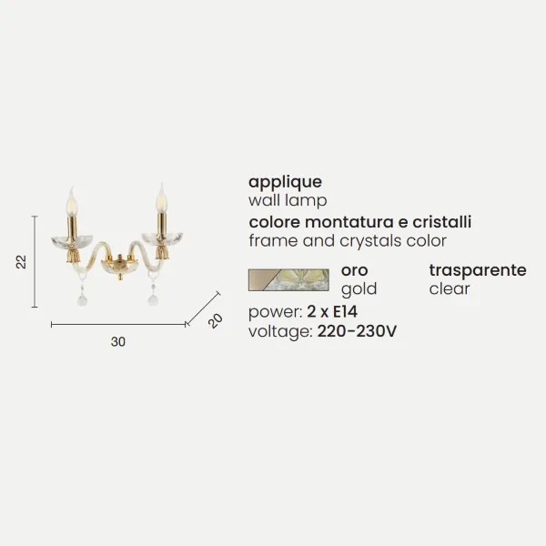 Applique ROXANNE in vetro soffiato 30x20 cm 2 Luci Oro