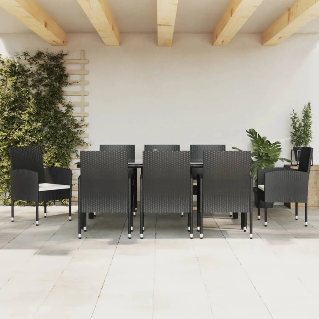 Set da pranzo da giardino 9 pz nero in polyrattan e acciaio