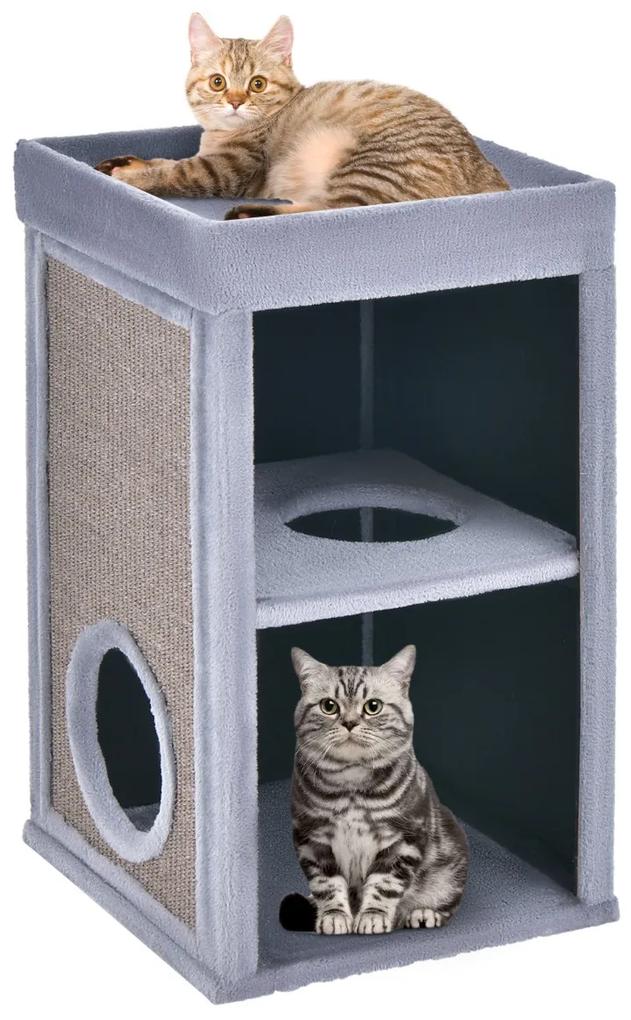 Costway Casetta gatti a 3 piani con ingressi materassino rimovibile pannelli tiragraffi in sisal, Torre per gatti Grigio