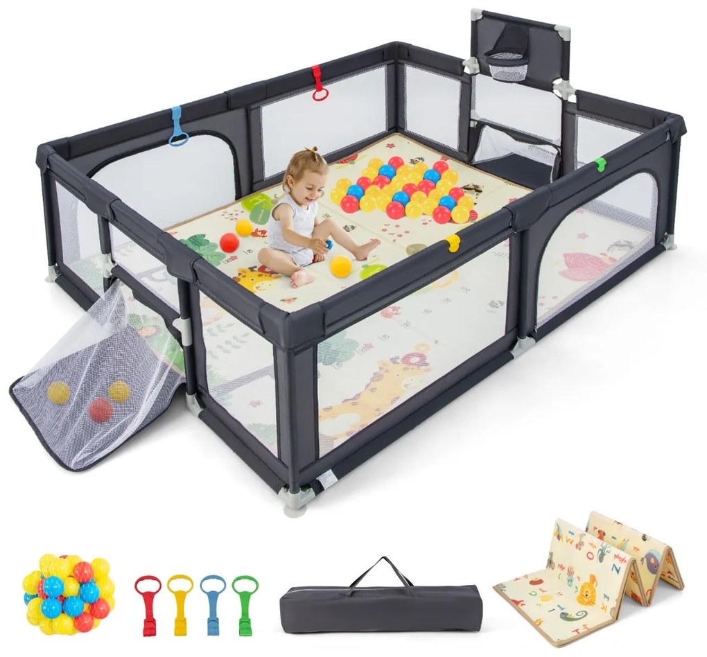 Costway Box bambini con materassino canestro porte da calcio maniglie palline, Recinto giochi neonati