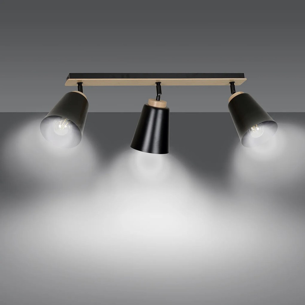 Plafoniera Faretti Spot Orientabili 3 Luci Xiwangmu Acciaio Nero E Legno Naturale