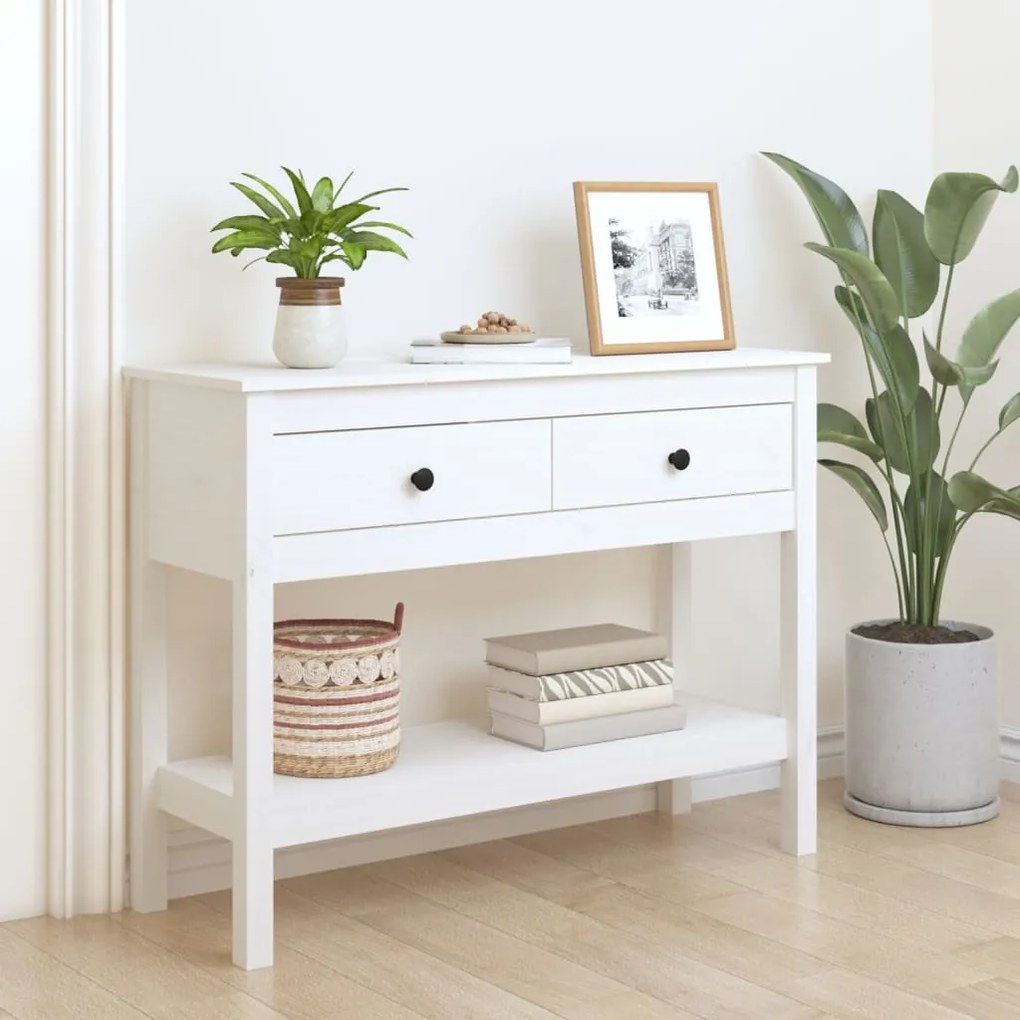 Tavolo Consolle Bianco 100x35x75 Cm İn Legno Massello Di Pino /