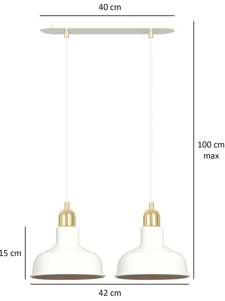 Lampadario Industrial 2 Luci Kubera In Acciaio Bianco Con Elementi In Oro