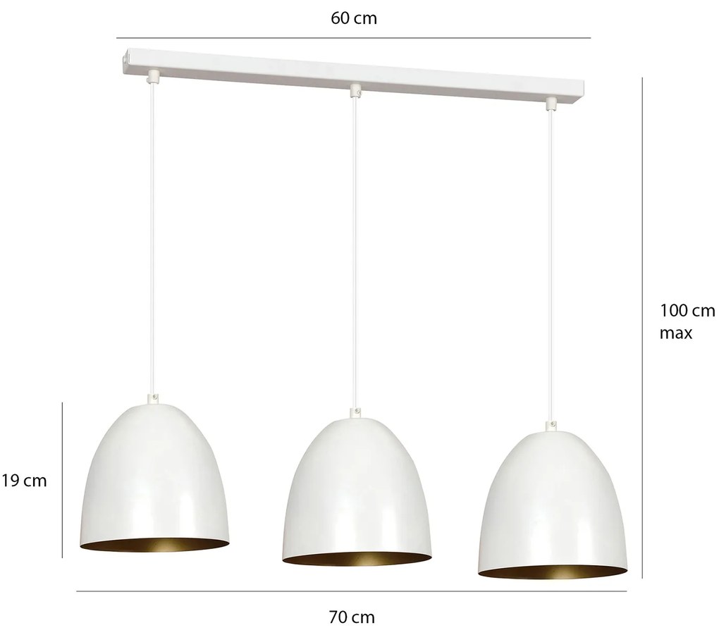 Lampadario 3 Luci Reartù In Acciaio Bianco Con Cupole In Nero E Oro