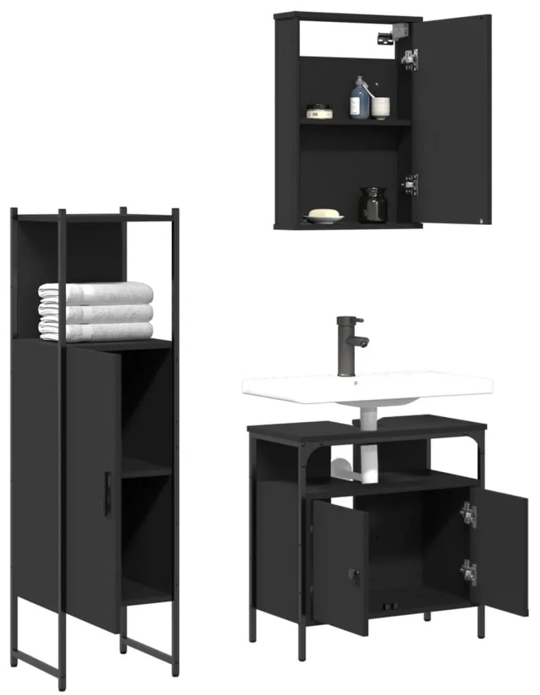 Set mobili da bagno 3 pz nero in legno multistrato