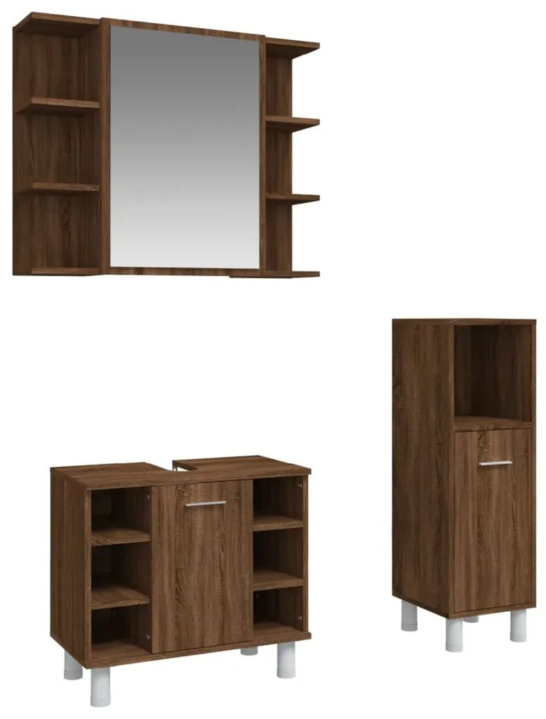 Set mobili da bagno 3 pz rovere marrone in legno multistrato