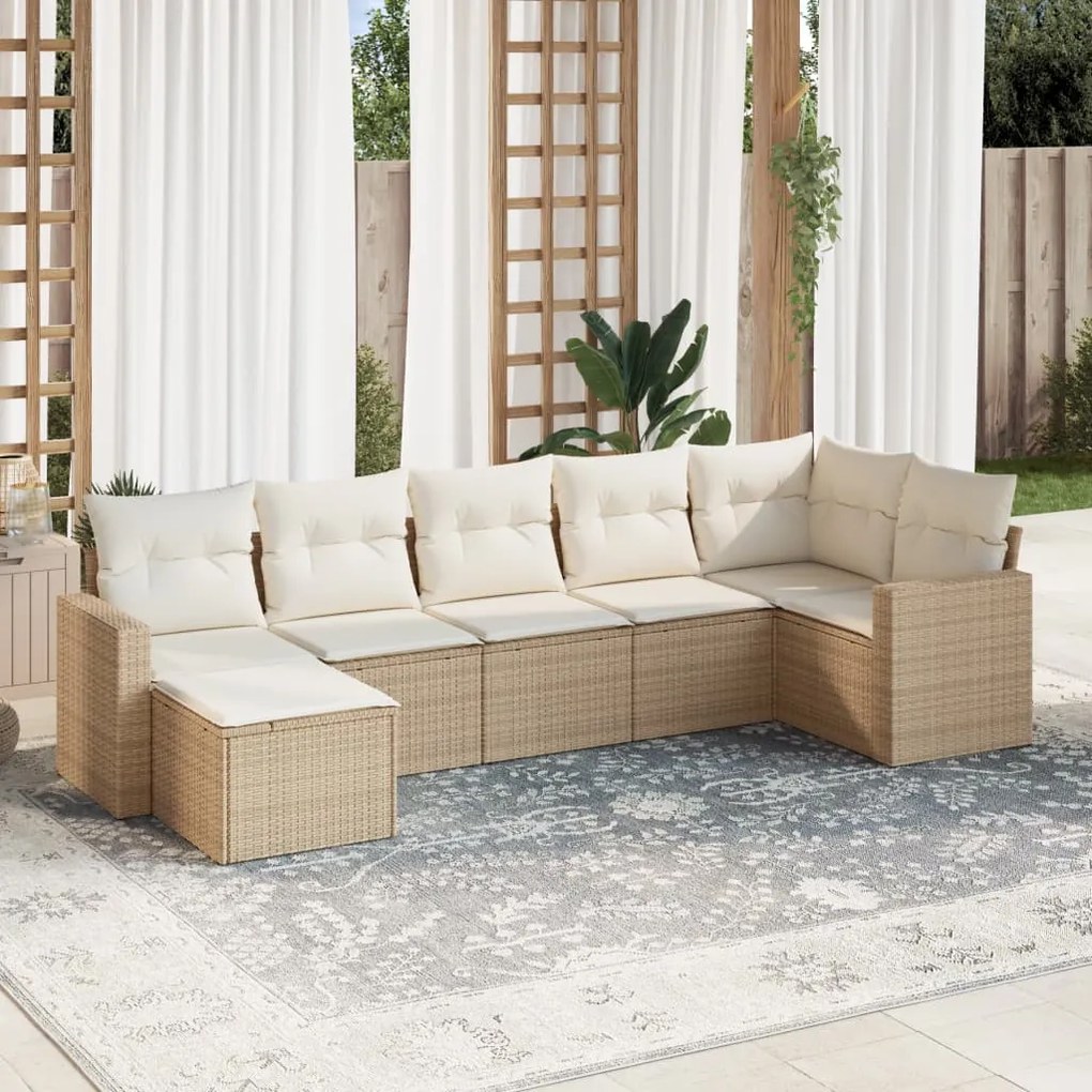 Set Divani da Giardino 7 pz con Cuscini Beige in Polyrattan