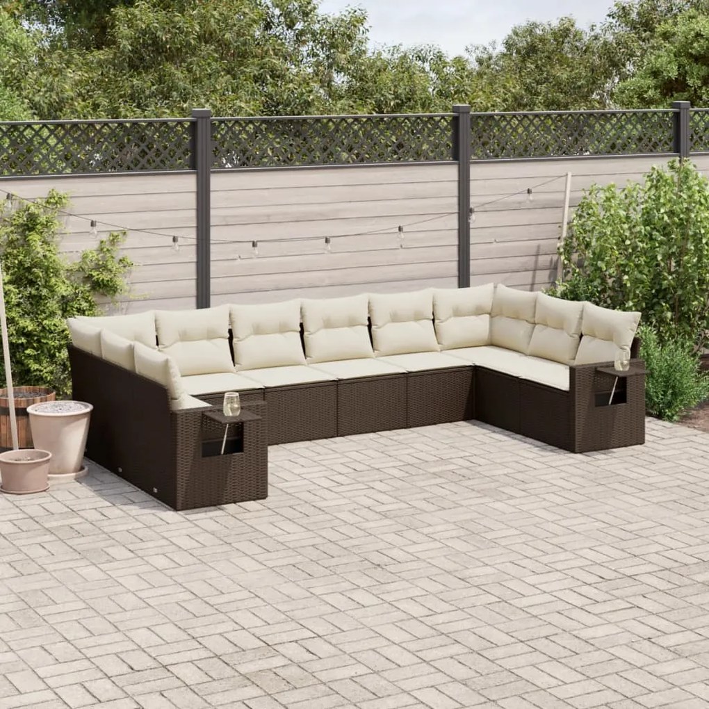 Set divani da giardino 10pz con cuscini in polyrattan marrone