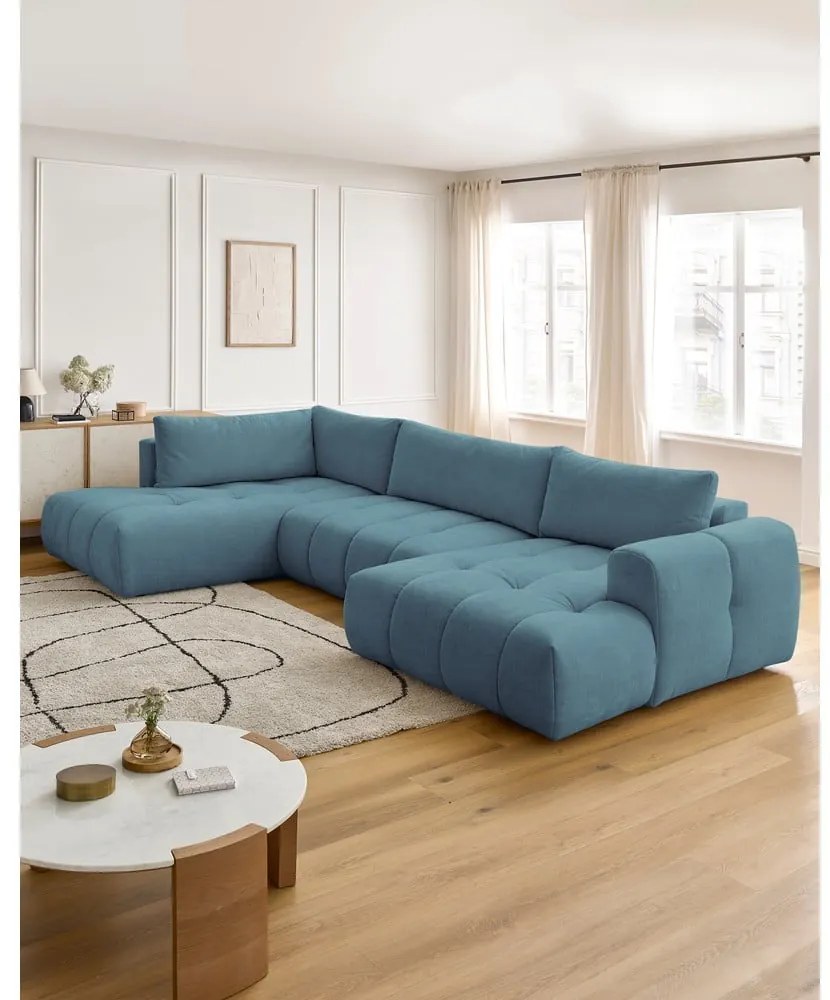 Divano angolare blu allungabile e con contenitore (penisola a sinistra/a U) con rivestimento in ciniglia Fuji – Bobochic Paris