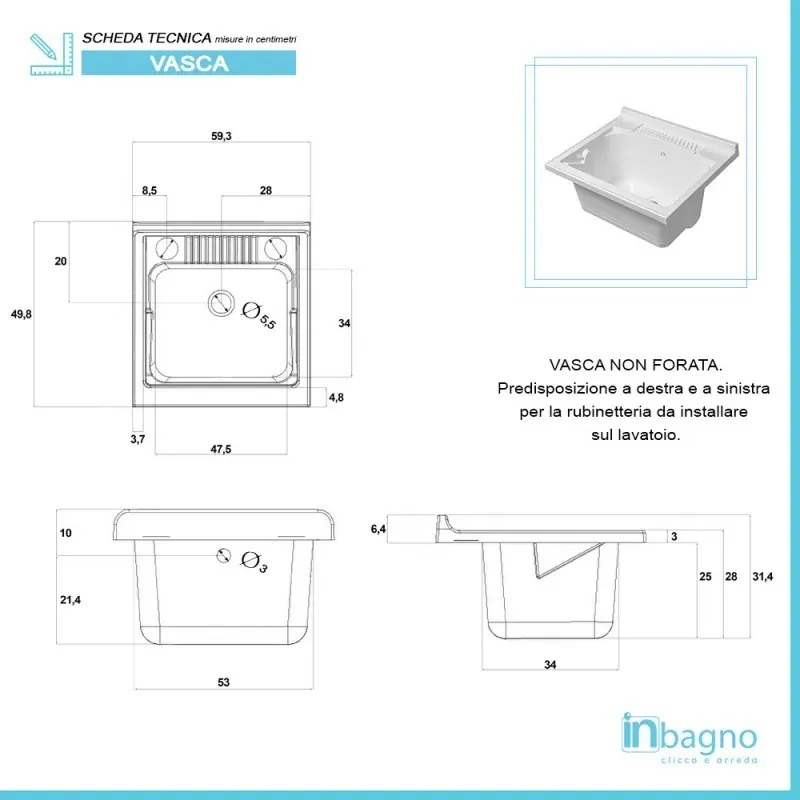 Mobile Lavatoio 2 Ante 60x50 cm con Vasca in Resina Bianco