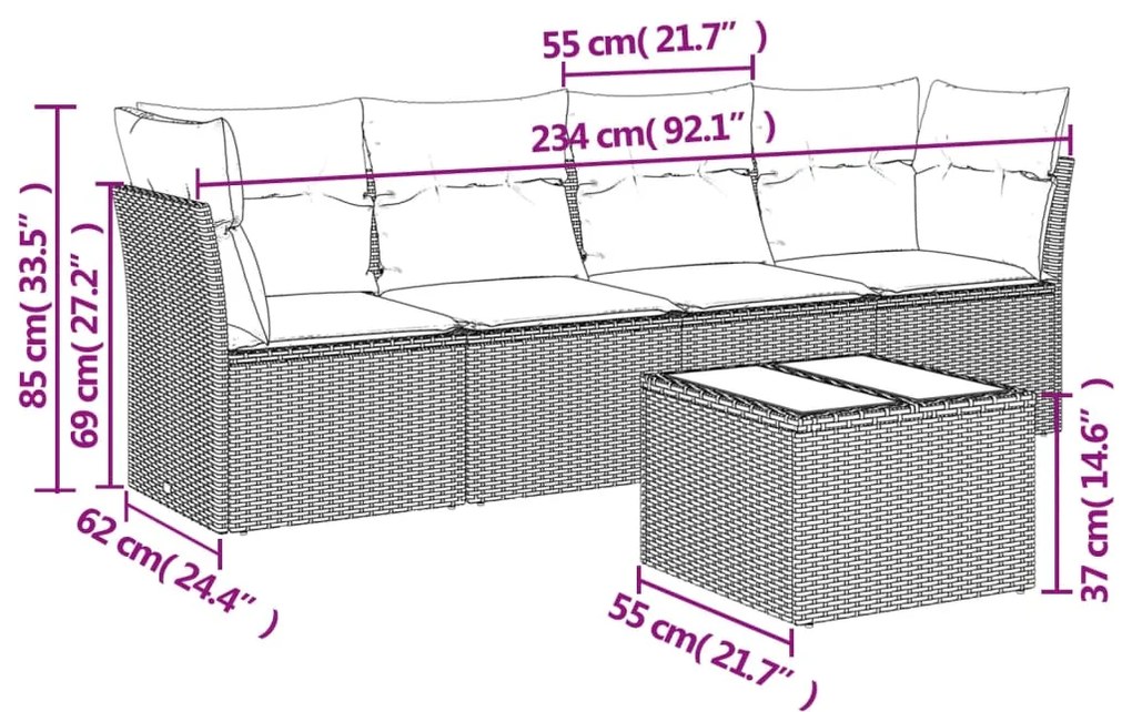 Set divano da giardino 5pz con cuscini grigio chiaro polyrattan