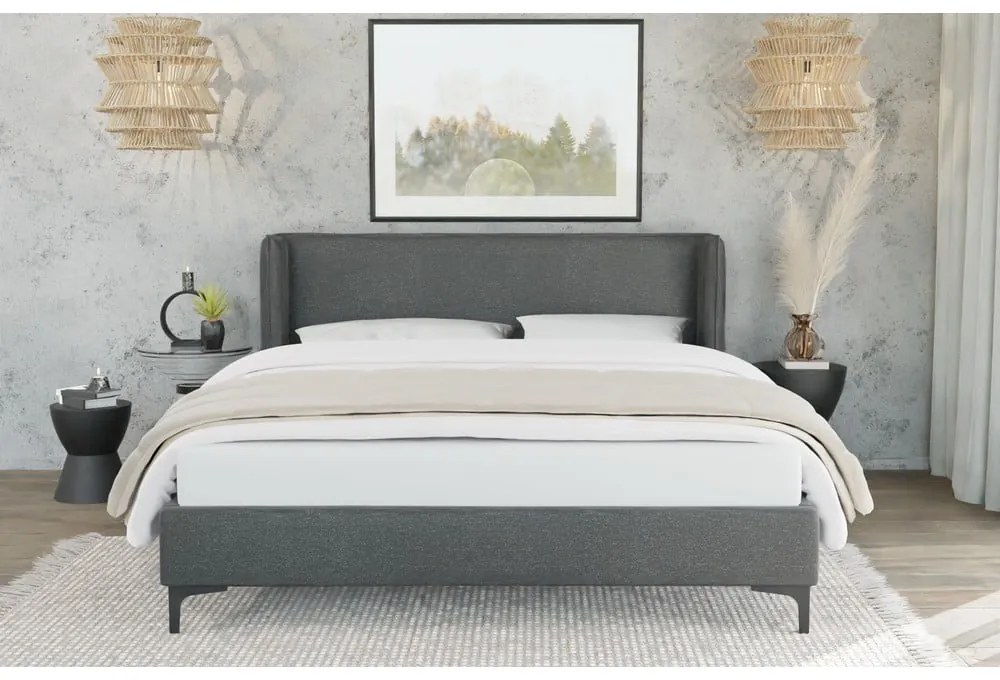 Letto matrimoniale imbottito grigio scuro con griglia 200x200 cm Basti - Ropez
