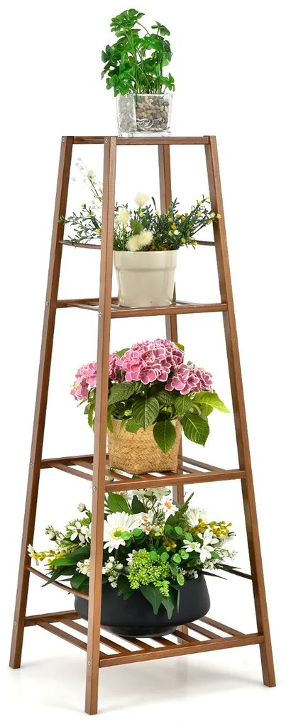Costway Porta fiori di bambù con 4 livelli per interno ed esterno, Scaffale a scala angolare stabile per piante Marrone