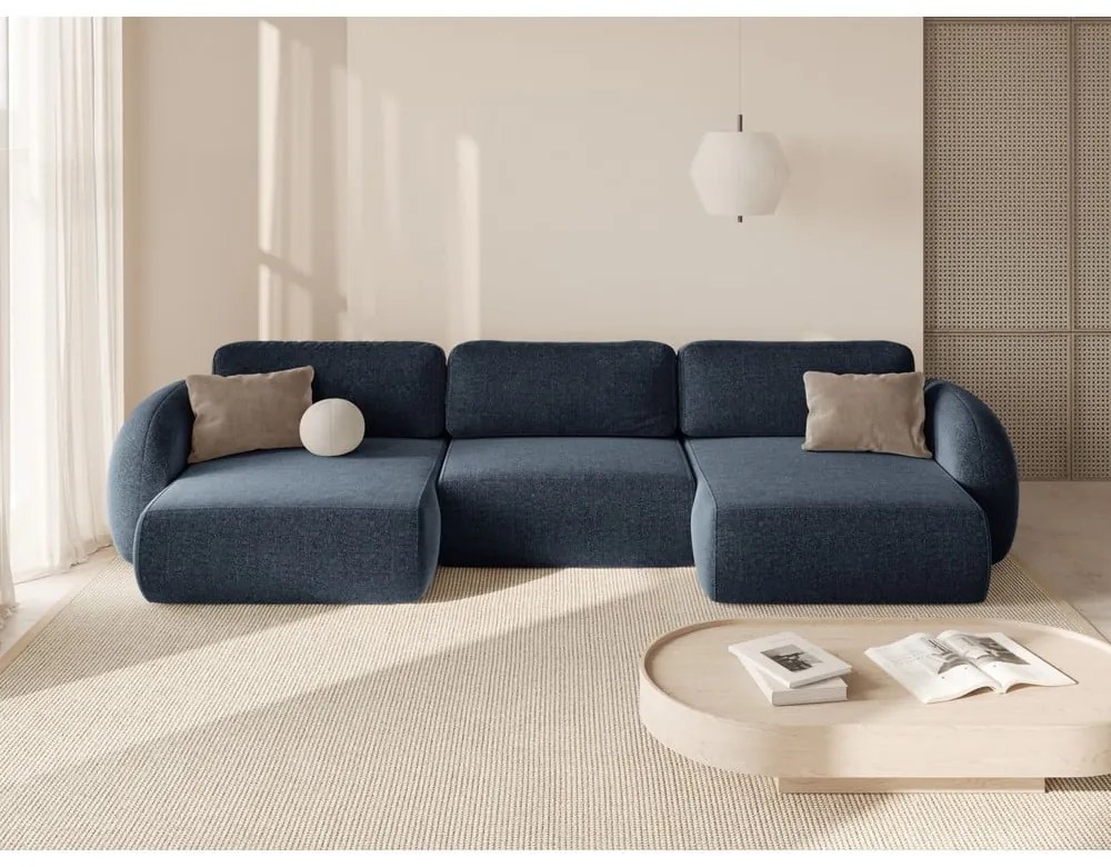 Divano angolare blu scuro allungabile/con contenitore (a U) con rivestimento in ciniglia Tonale – Cosmopolitan Design