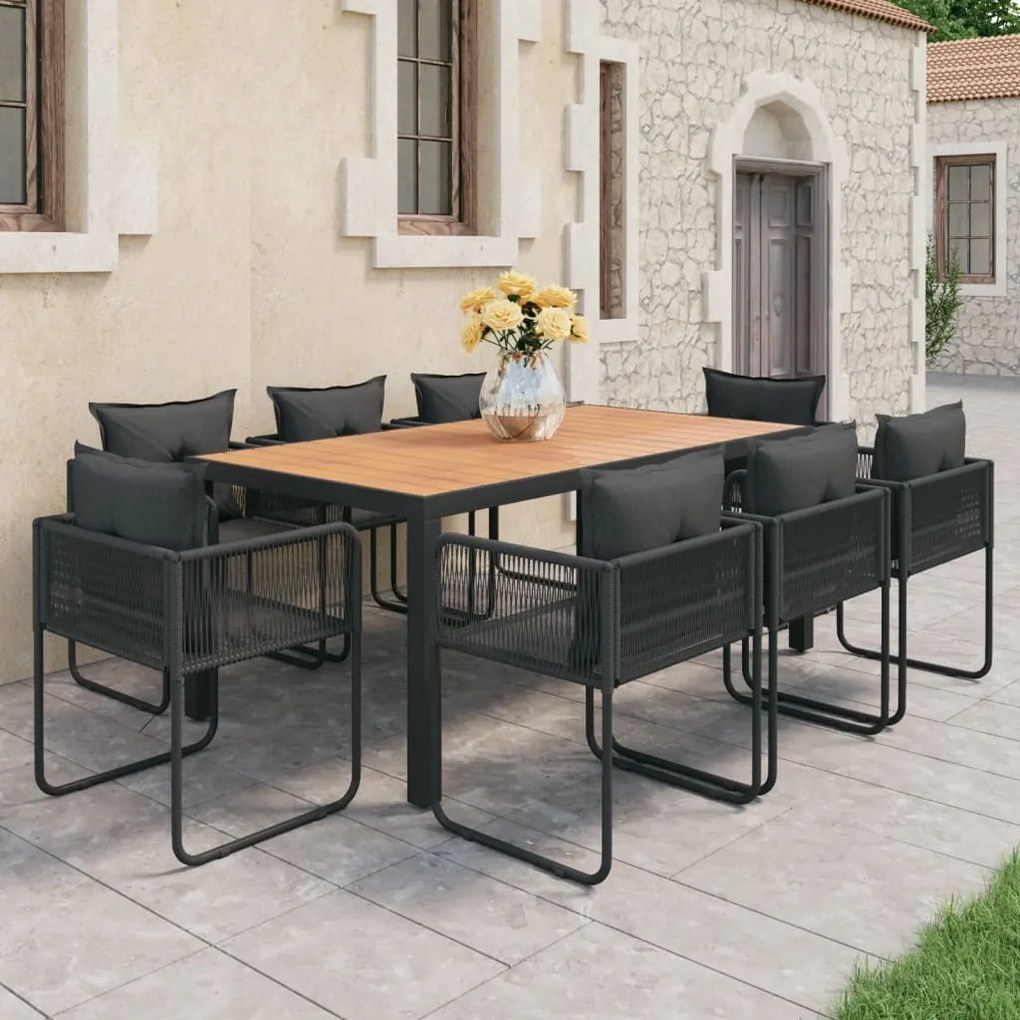 Set da pranzo da giardino 9 pz in rattan pvc nero e marrone