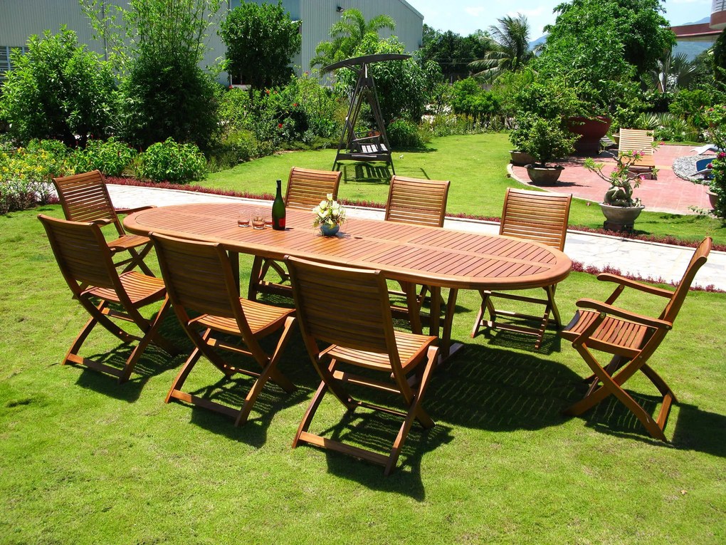 GENIUS - set tavolo in acacia massiccio cm 200/250/300 x 110 x 74 h con 8 sedie e 2 poltrone Mulier