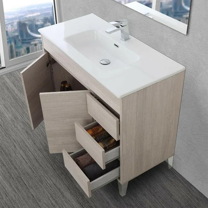 Mobile bagno da terra 100 cm linea Way rovere chiaro con specchio e lavabo