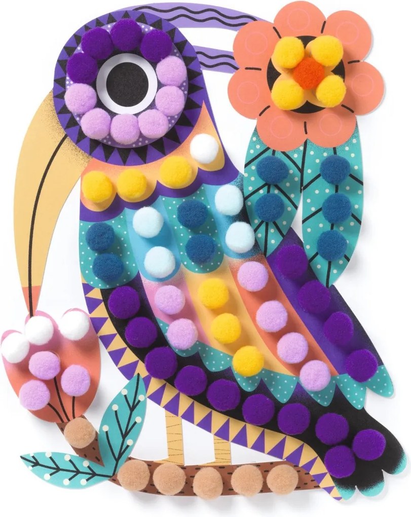 Gioco d'arte - collage di pompon - uccellini