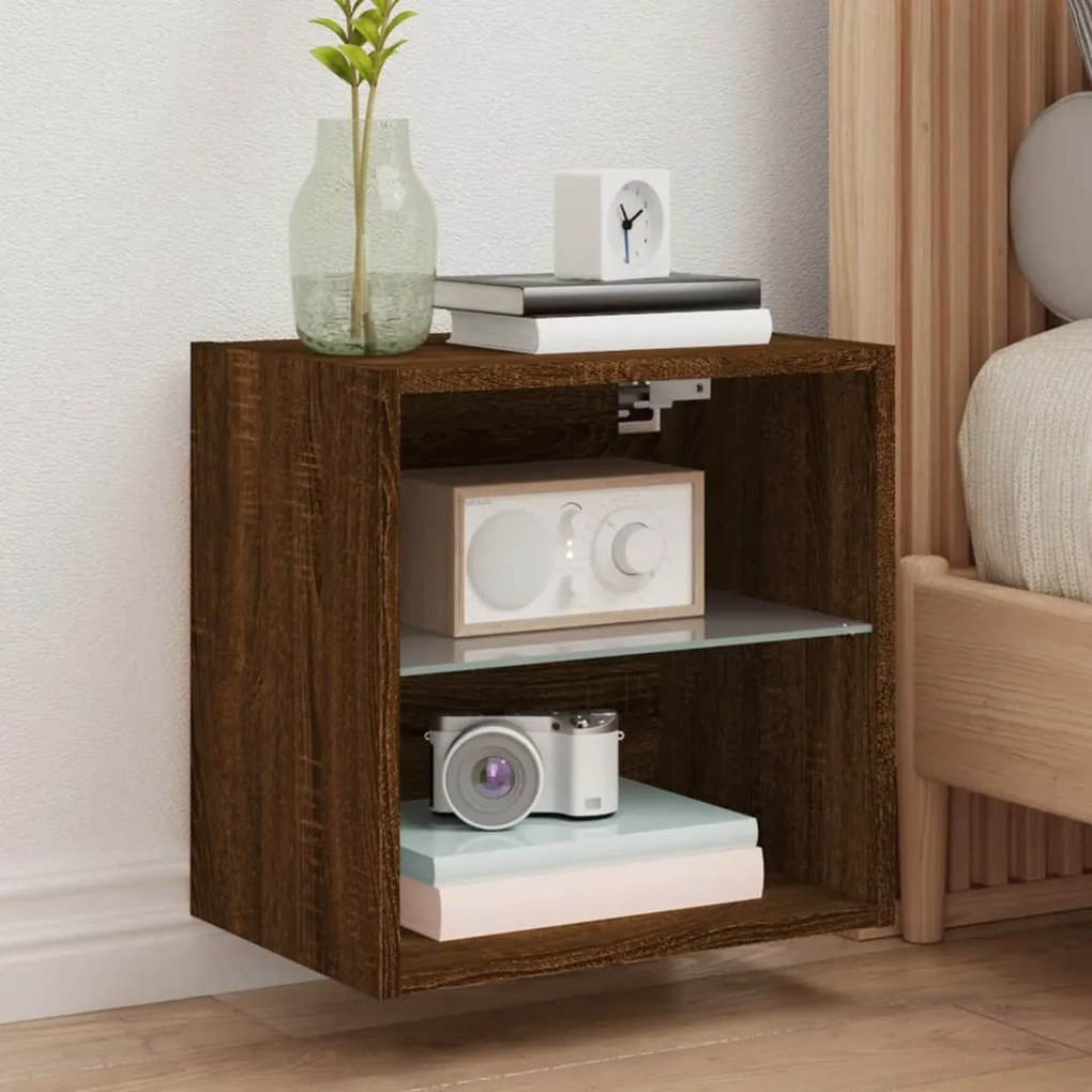 Comodini Con Luci Led A Parete 2pz Rovere Marrone /