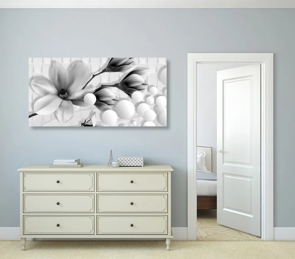 Quadro su tela – Magnolia in bianco e nero con elementi astratti