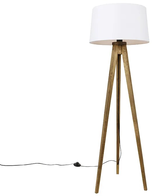 Lampada da terra a treppiede rustica vintage in legno con paralume in lino bianco 45 cm - Tripod Classic
