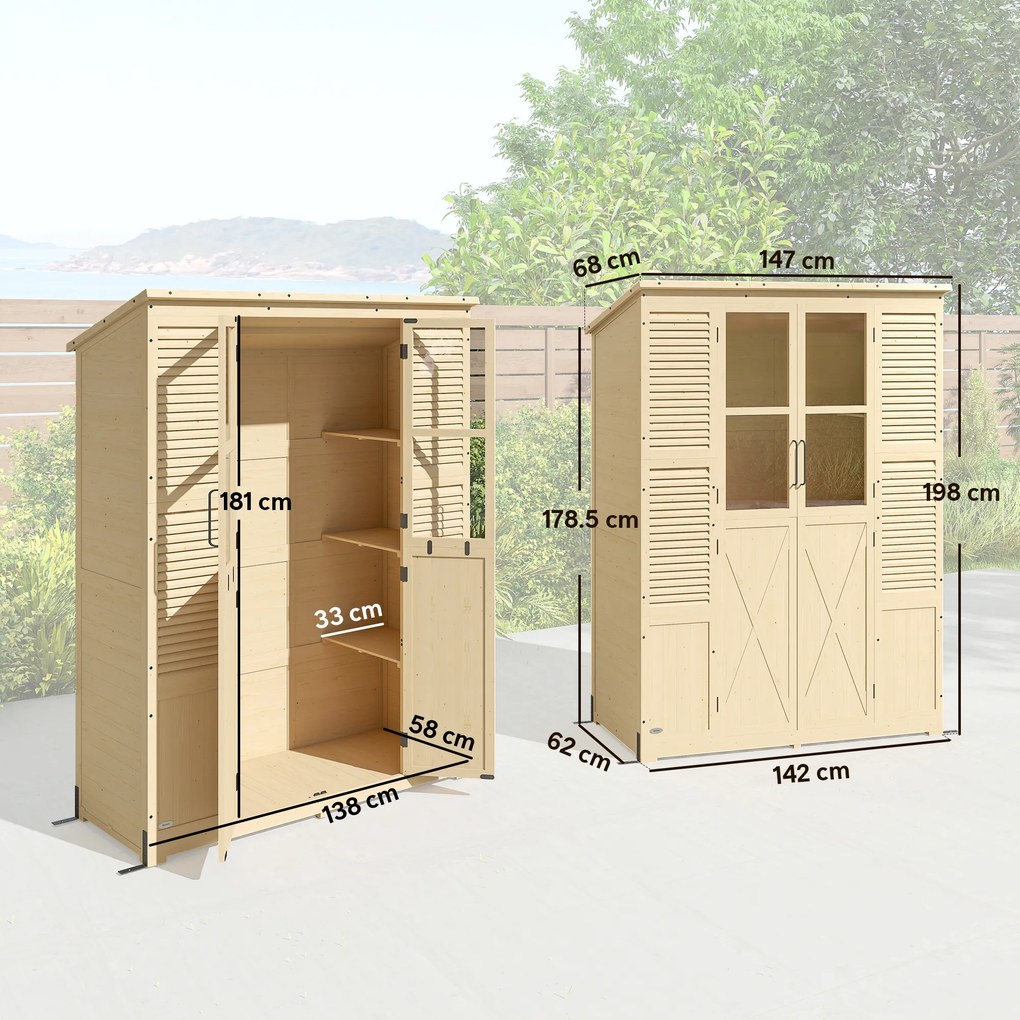 Armadio da Giardino Walk-in 147x68x198 cm con Pavimento e 4 Finestre in Legno di Abete...