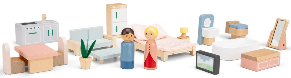 Casa delle bambole pieghevole in legno con mobili