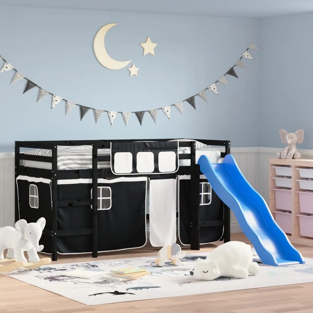 Letto A Soppalco Bambini Con Tende Bianco E Nero 90x190 Cm Pino /