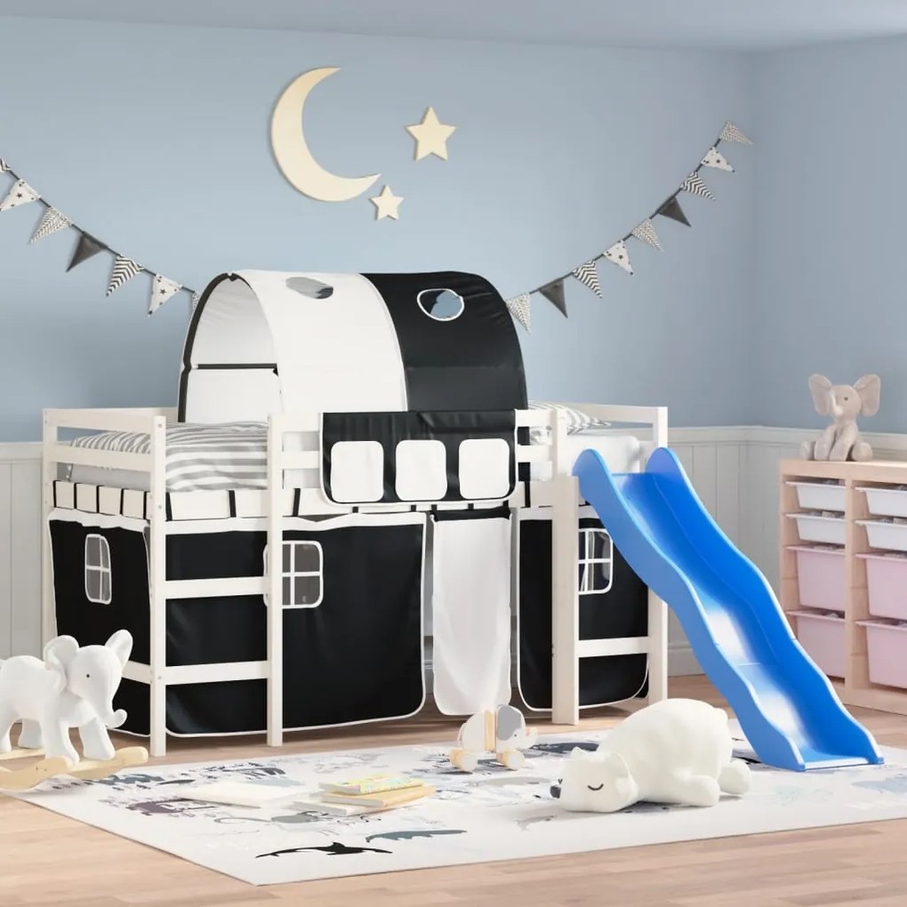 Letto A Soppalco Con Tunnel Bambini Bianco E Nero 80x200cm Pino /