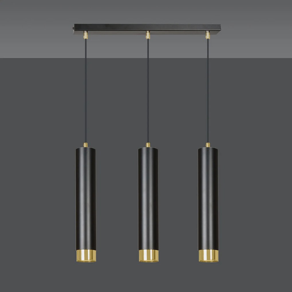 Lampadario 3 Luci Brunilde In Acciaio Nero E Tubolari In Nero E Oro